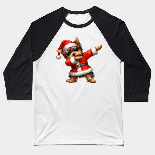 Christmas Yorkshire Terrier Dog Dabbing Dance Baseball T-Shirt by Chromatic Fusion Studio